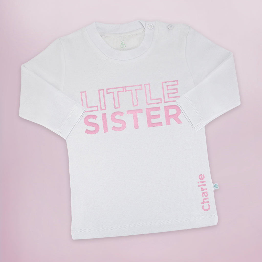 Personalised Little Sister T shirt Long Sleeved New Baby Gift