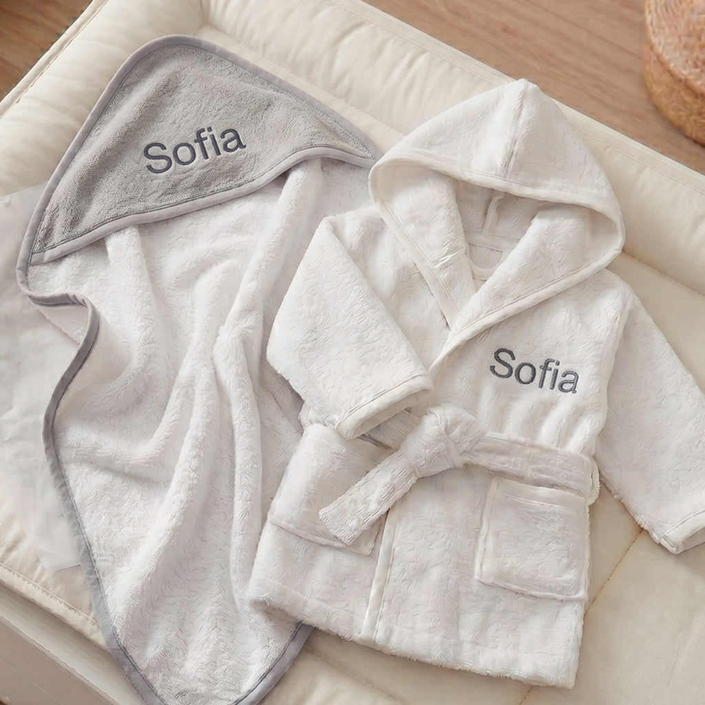 Personalised Hooded Towel and Bathrobe, Grey 0-12 Months