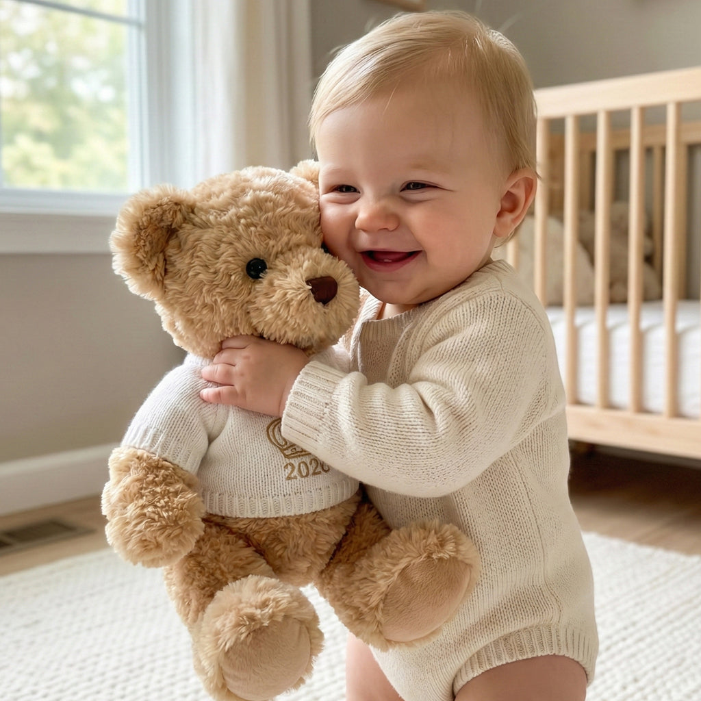 A traditional style seated teddy bear with a white knitted jumper embroidered with a crown or tiara design and the year 2026 in gold thread.