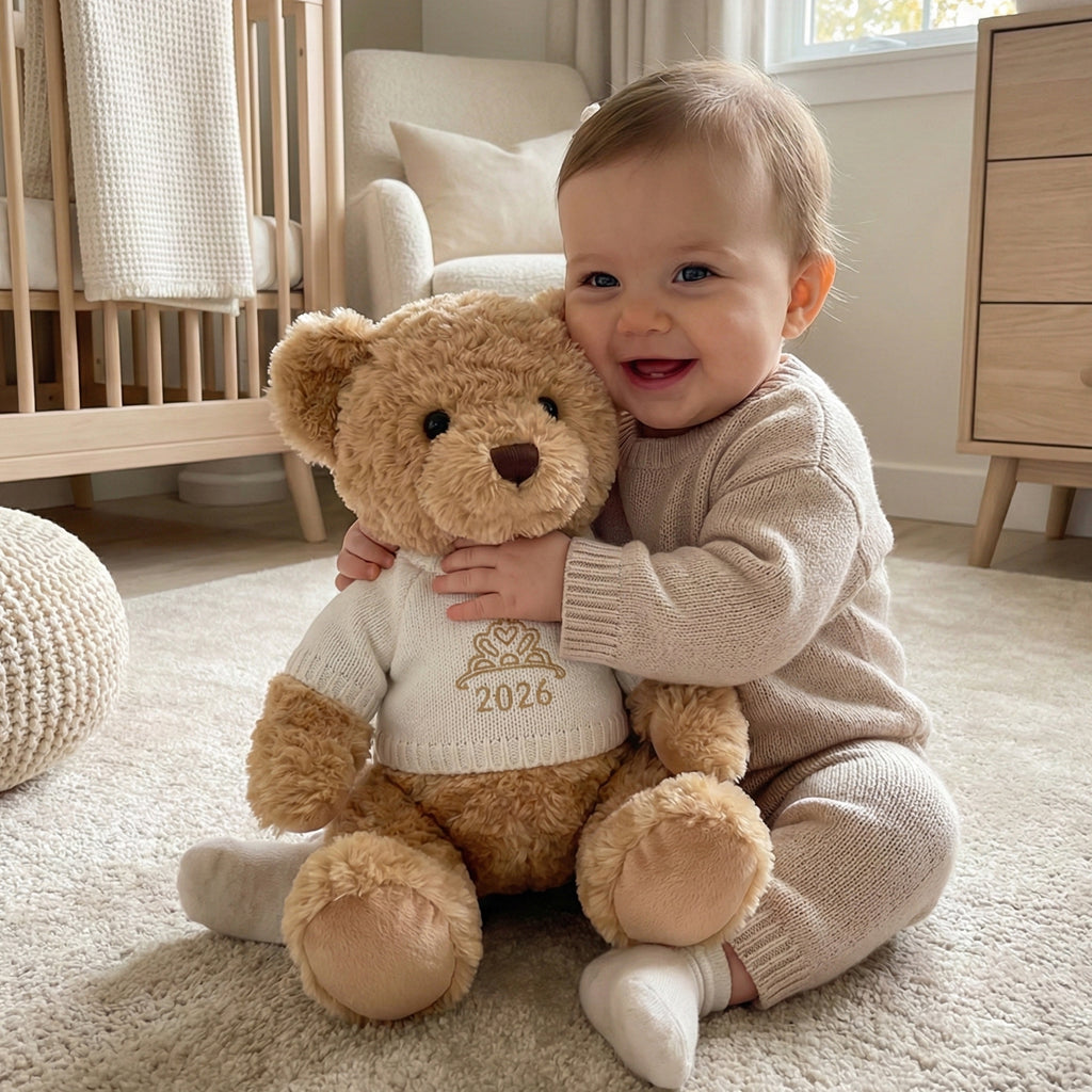 A traditional style seated teddy bear with a white knitted jumper embroidered with a crown or tiara design and the year 2026 in gold thread.