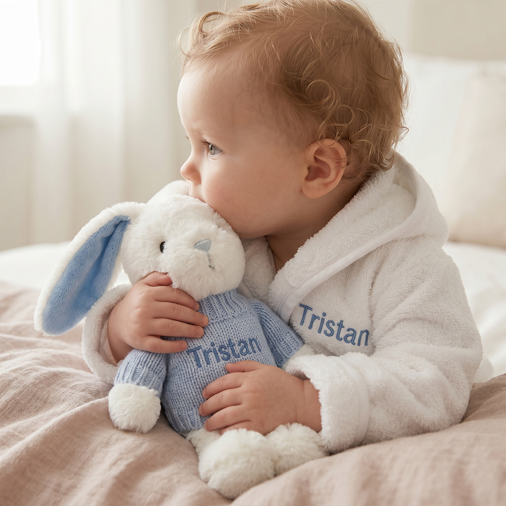 Personalised Little Bunny and Bathrobe Hamper, Blue - 0-12 Months