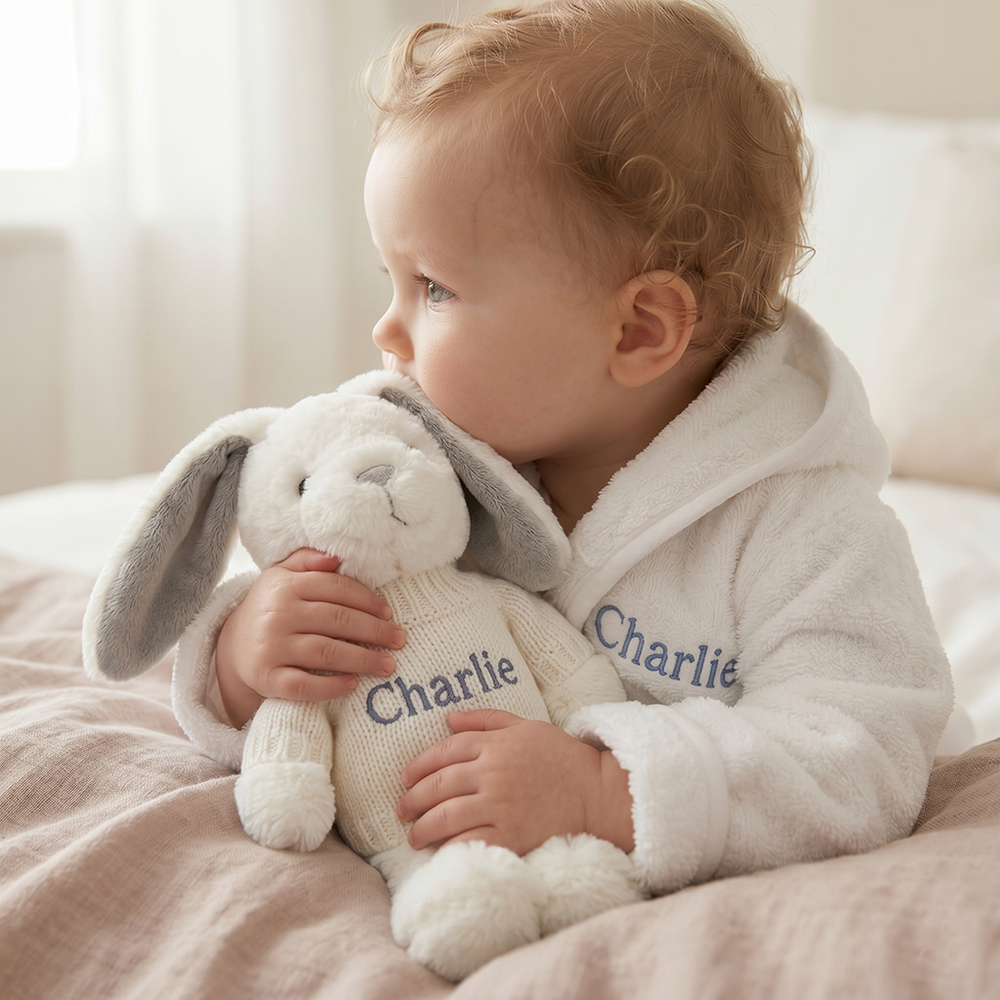 Personalised Bunny and Bathrobe New Baby Gift, Grey