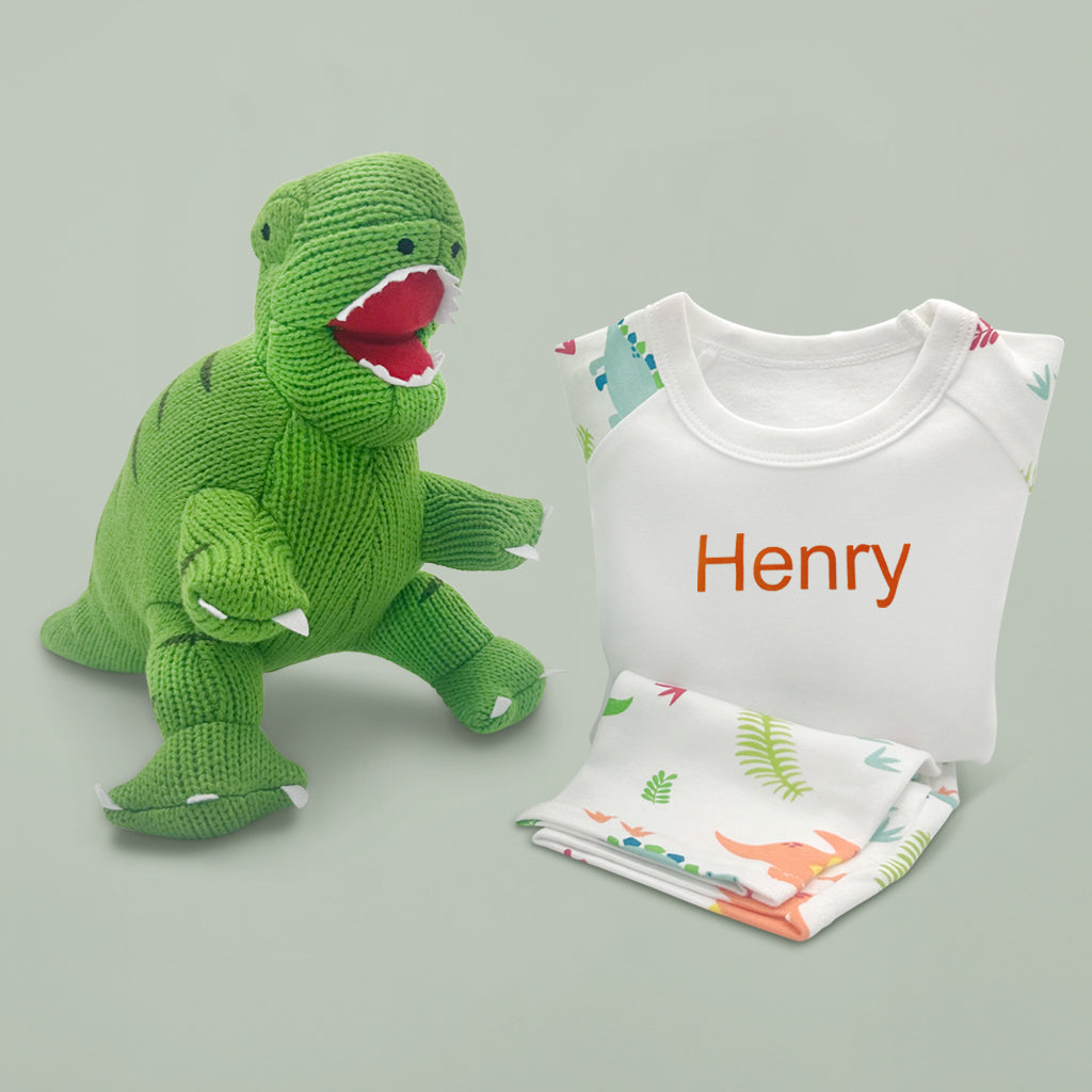 Childrens Toy T Rex Dinosaur Knitted Soft Toy With Pyjamas