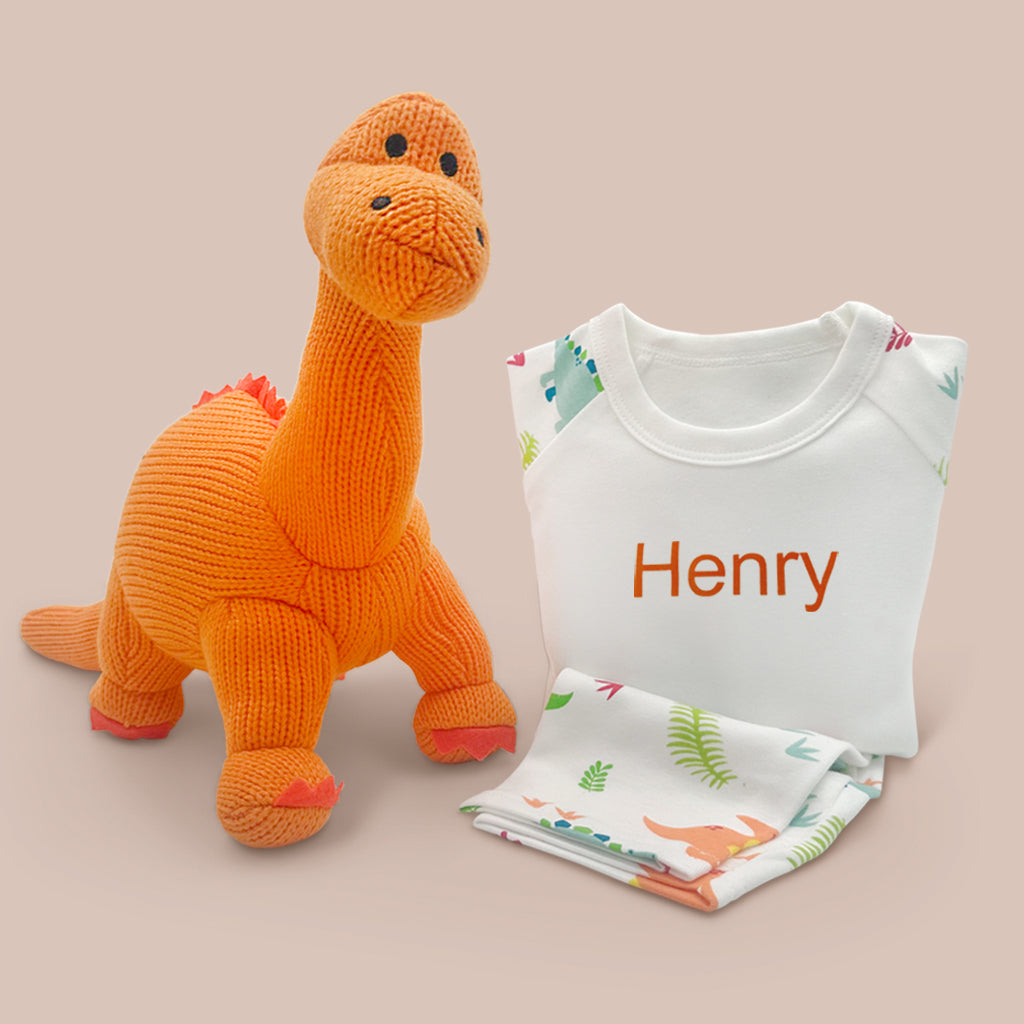 Childrens First Birhtday Present Dinosaur Soft Toy And Personalised Pyjamas