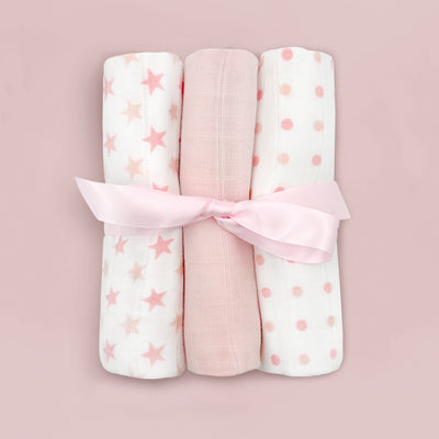 Trio of Ribbon-Tied Muslins Baby Gift, Pink