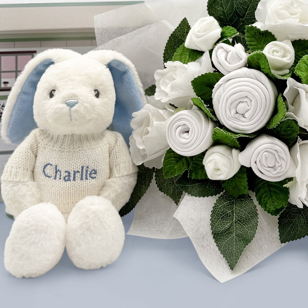 Hand Tied Baby Clothes Bouquet, White with Personalised Little Blue Bunny