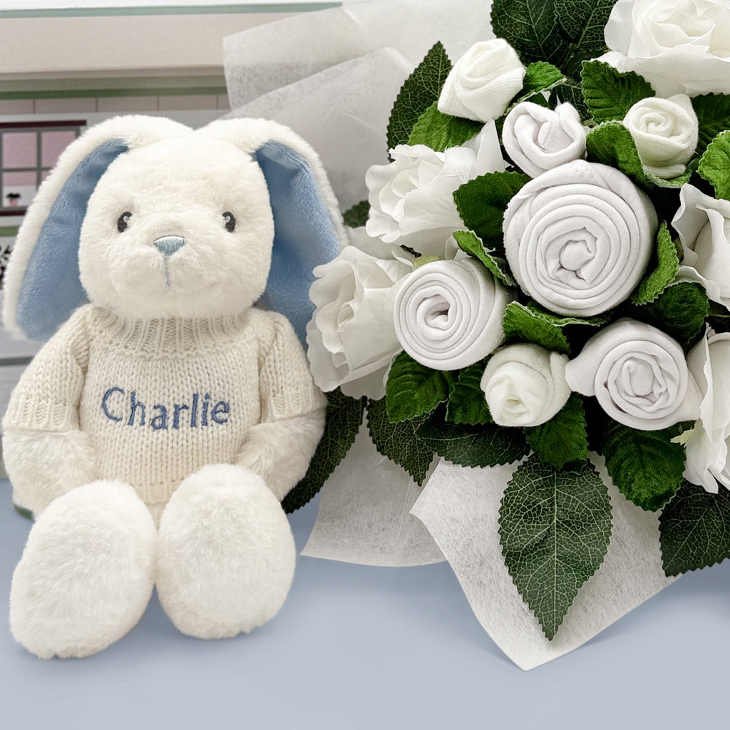 Hand Tied Baby Clothes Bouquet, White with Personalised Little Blue Bunny
