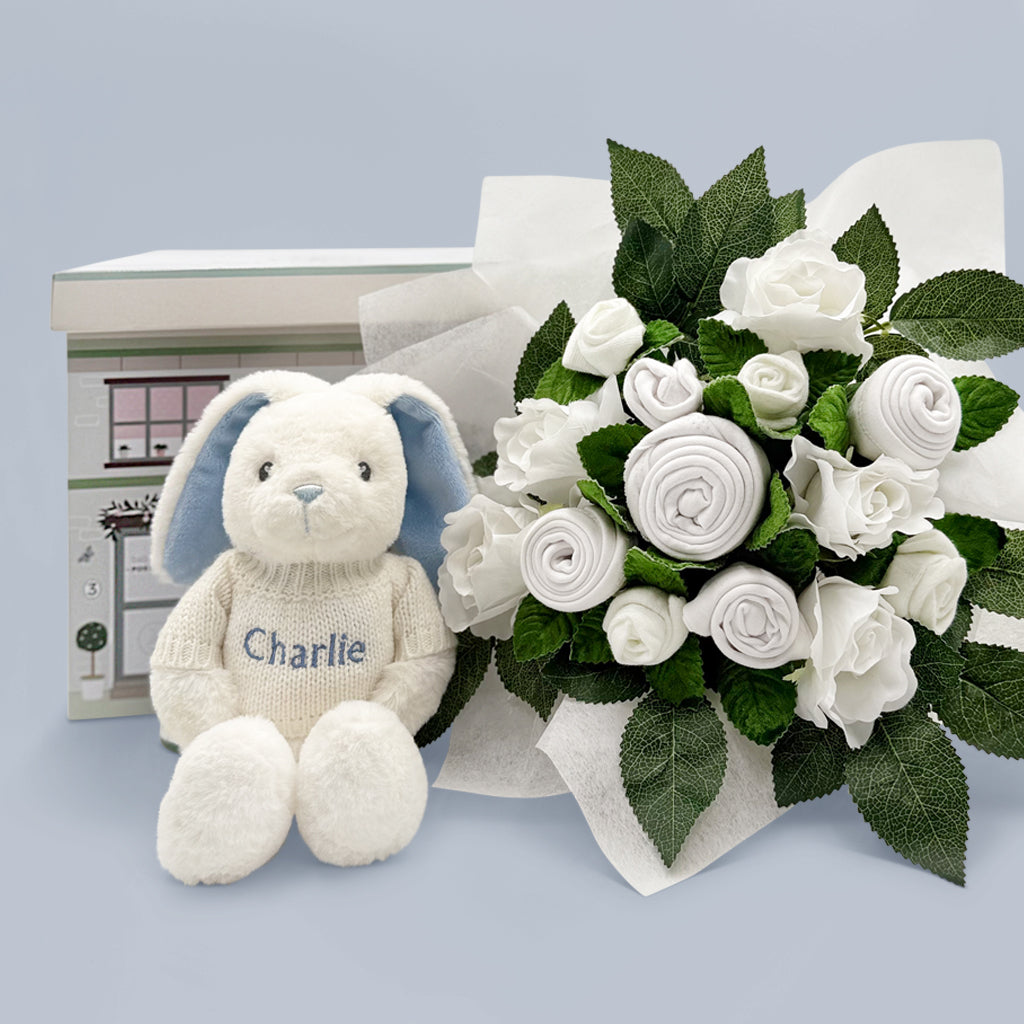Hand Tied Baby Clothes Bouquet, White with Personalised Little Blue Bunny