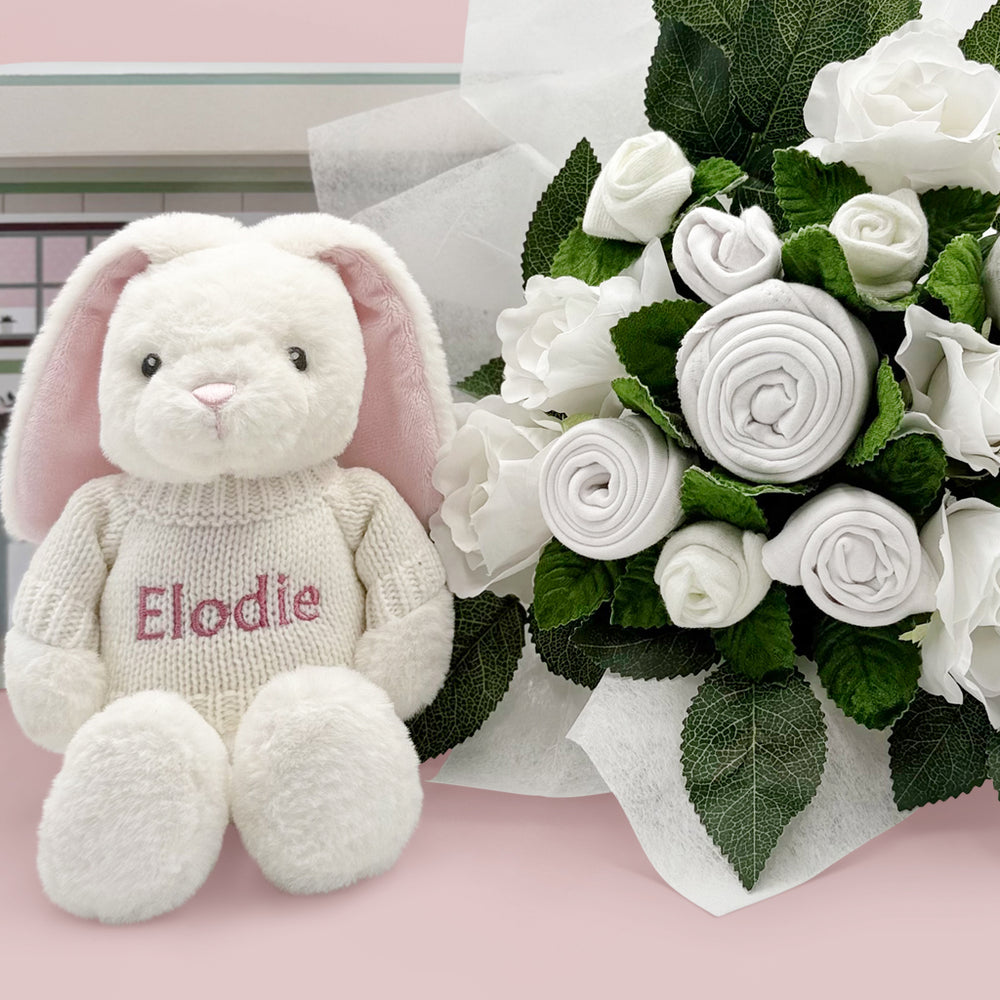 Hand Tied Baby Clothes Bouquet with Personalised Pink Bunny Soft Toy