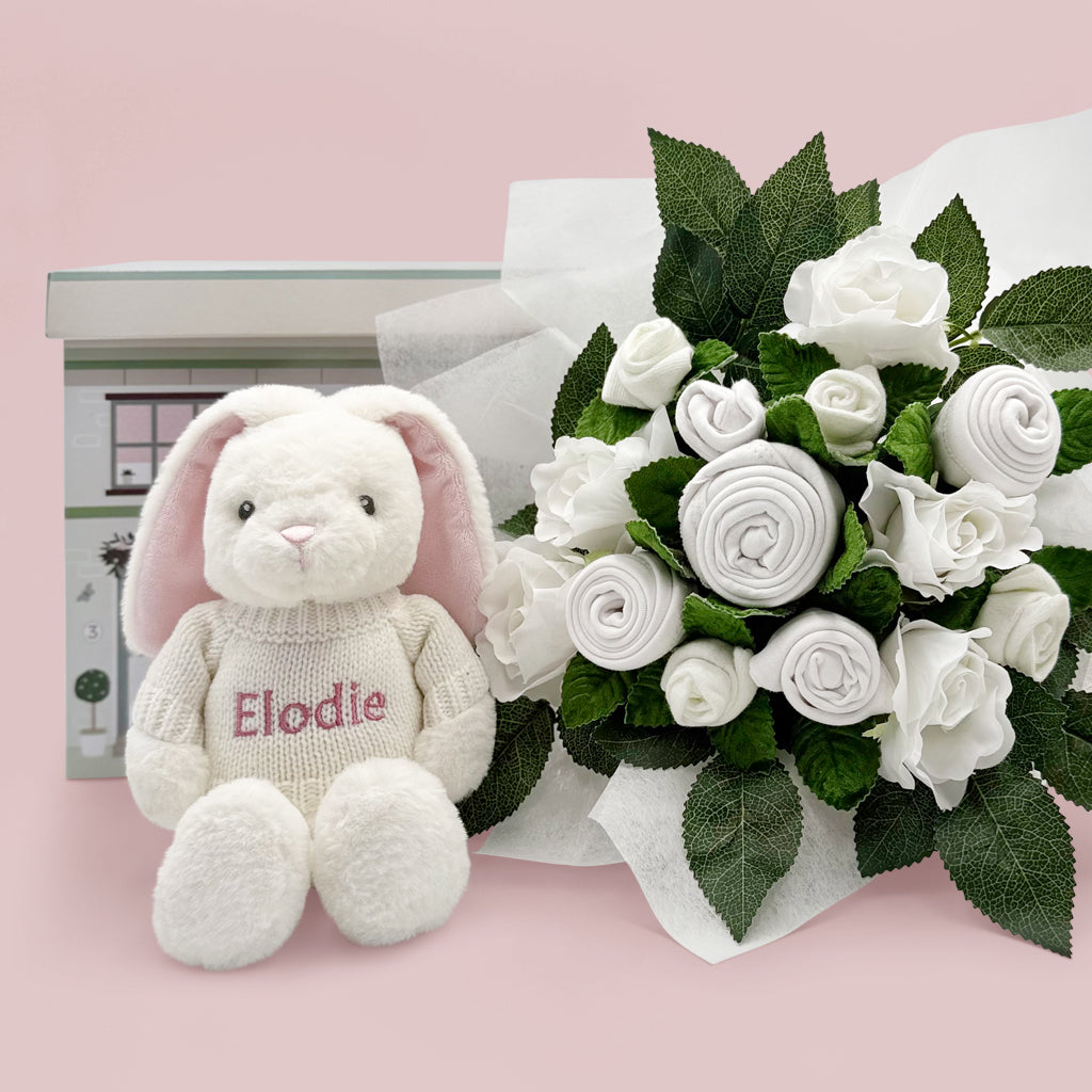 Hand Tied Baby Clothes Bouquet with Personalised Pink Bunny Soft Toy