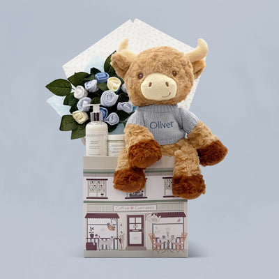 Personalised Highland Cow Welcome Baby Hamper, Blue
