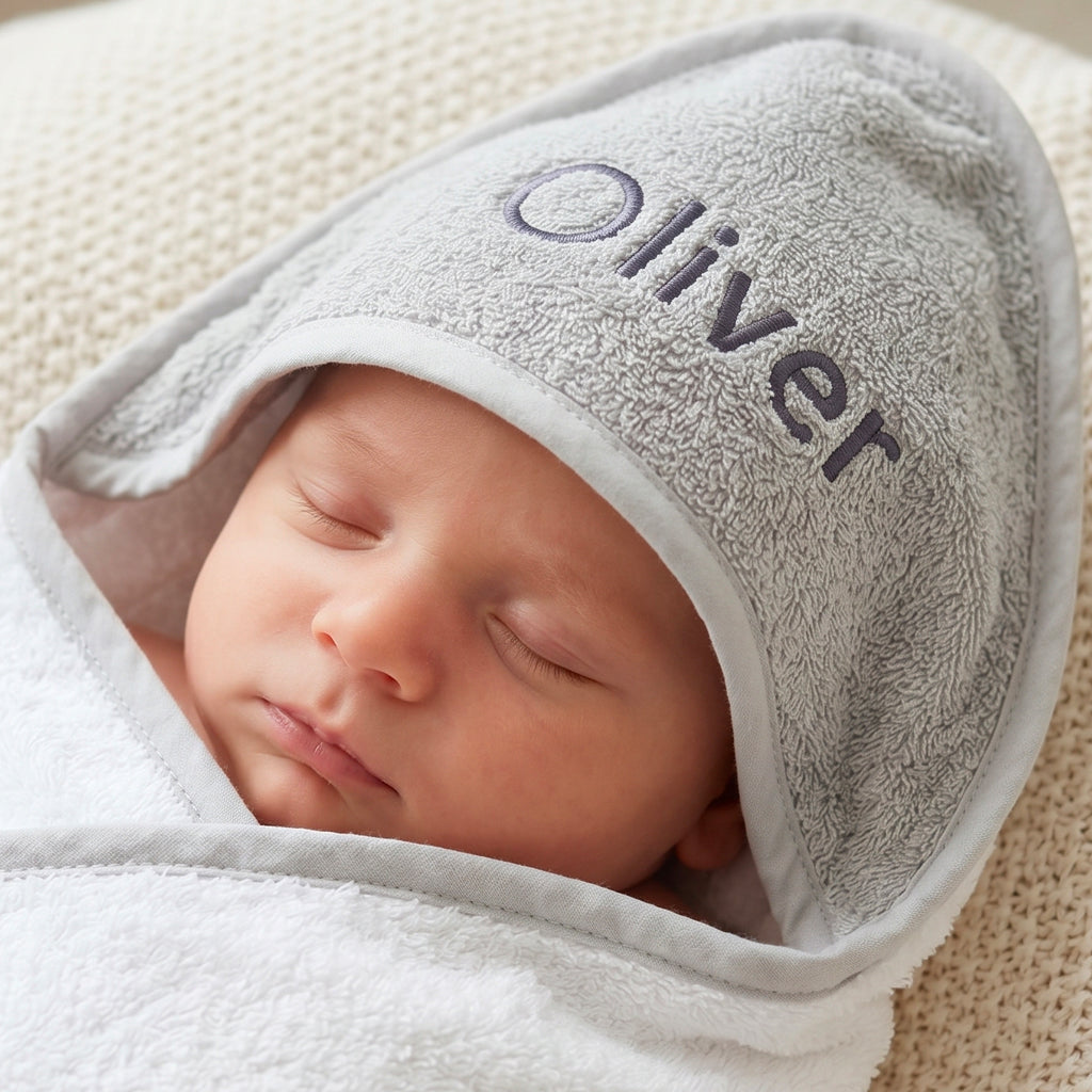 Personalised Hooded Towel, Grey 0-12 Months