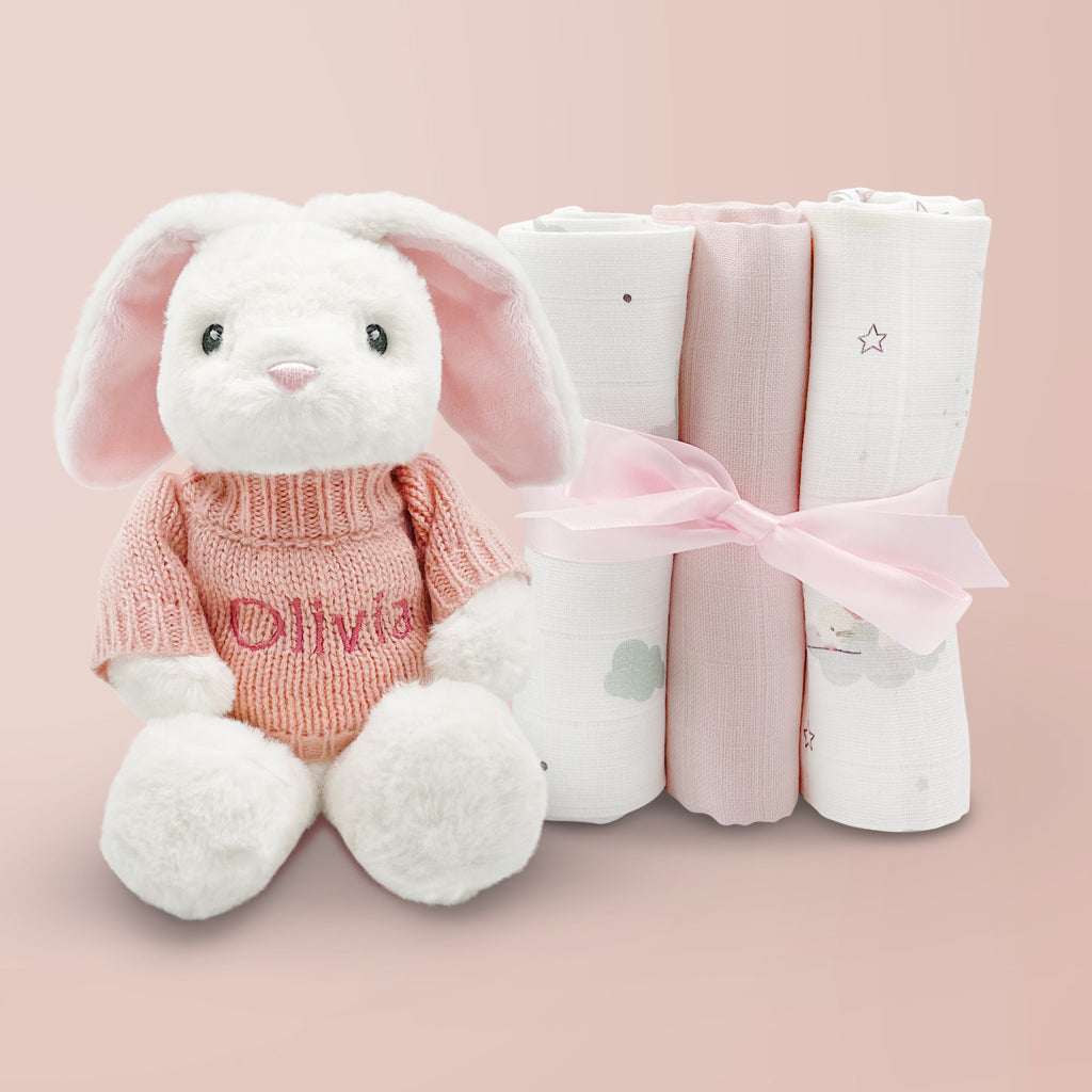 Personalised Little Pink Bunny with Trio of Little Love Muslins