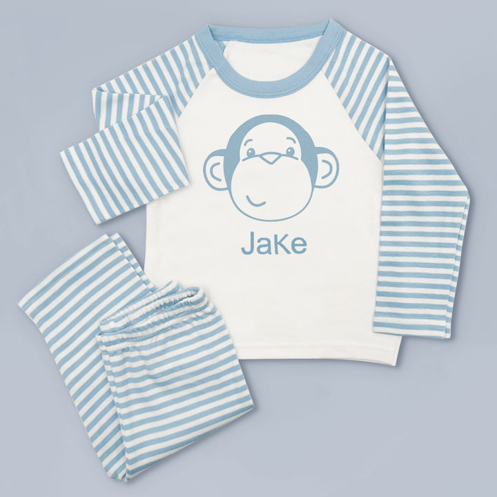Personalised Morris Monkey Soft Toy With Baby Pyjamas, Blue