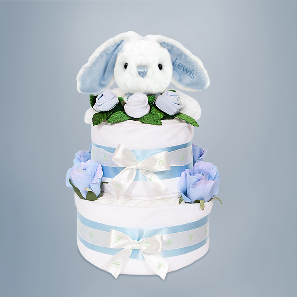 Baby Shower Gift Personalised Blue Eco Bunny Diaper Cake 