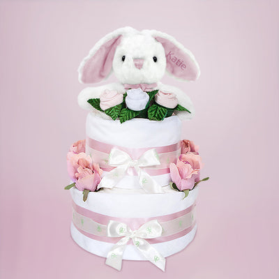 Baby Shower Gift Personalised Eco Pink Bunny Soft Toy Two Tier Diaper Cake