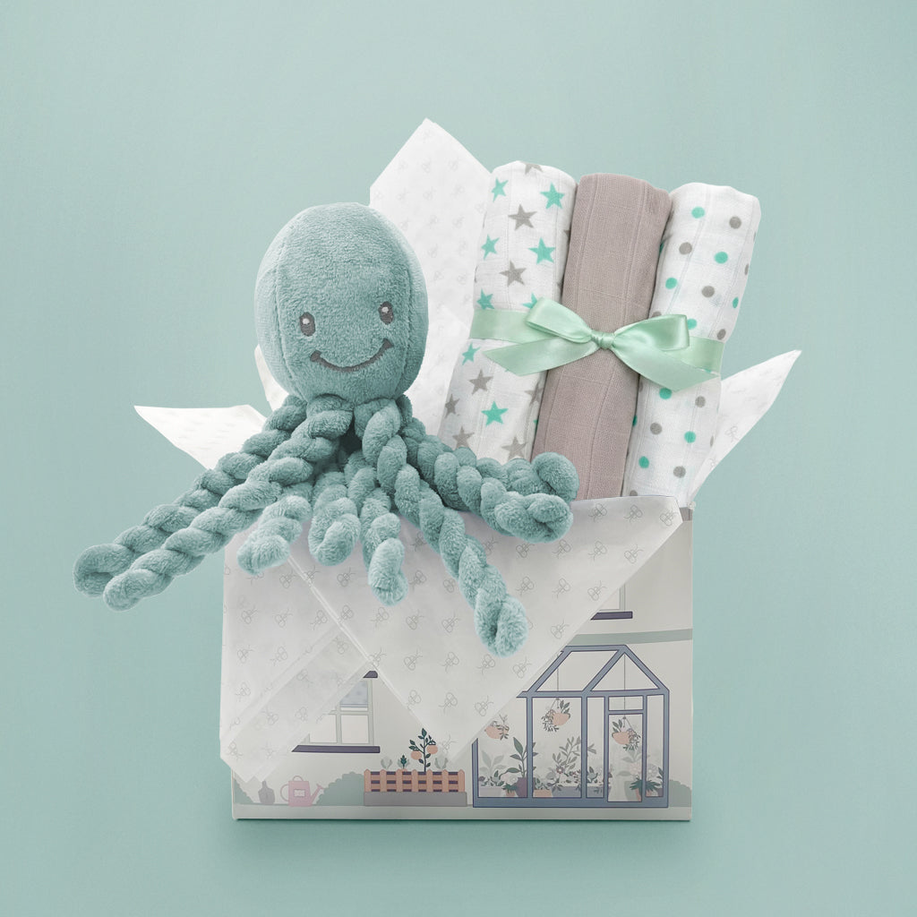 Nattou Piu Piu Copper Green Octopus with Trio of Muslins New Baby Gift Set