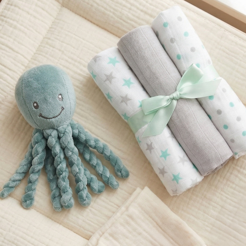 Nattou Piu Piu Copper Green Octopus with Trio of Muslins New Baby Gift Set