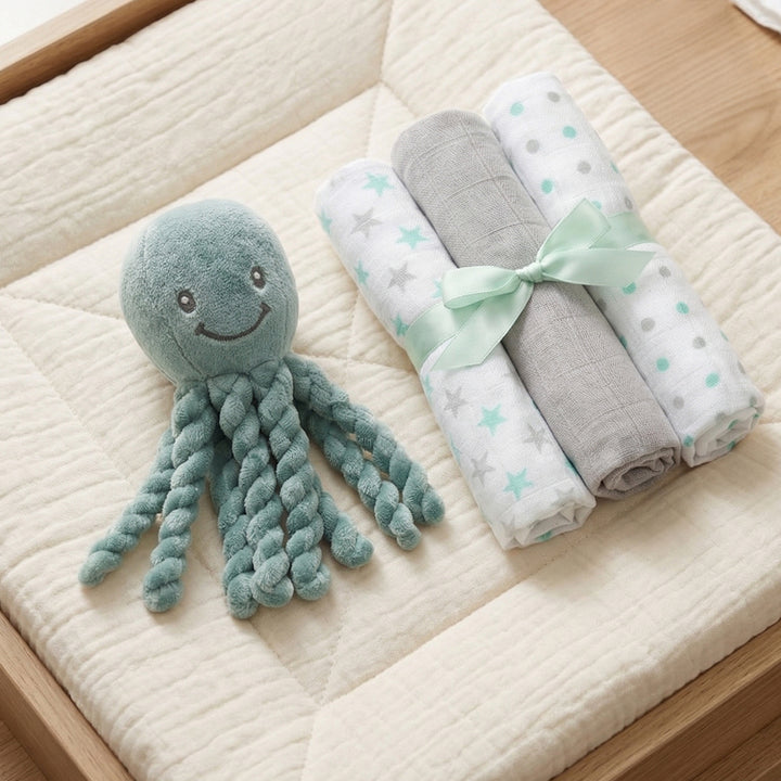 Nattou Piu Piu Copper Green Octopus with Trio of Muslins New Baby Gift Set