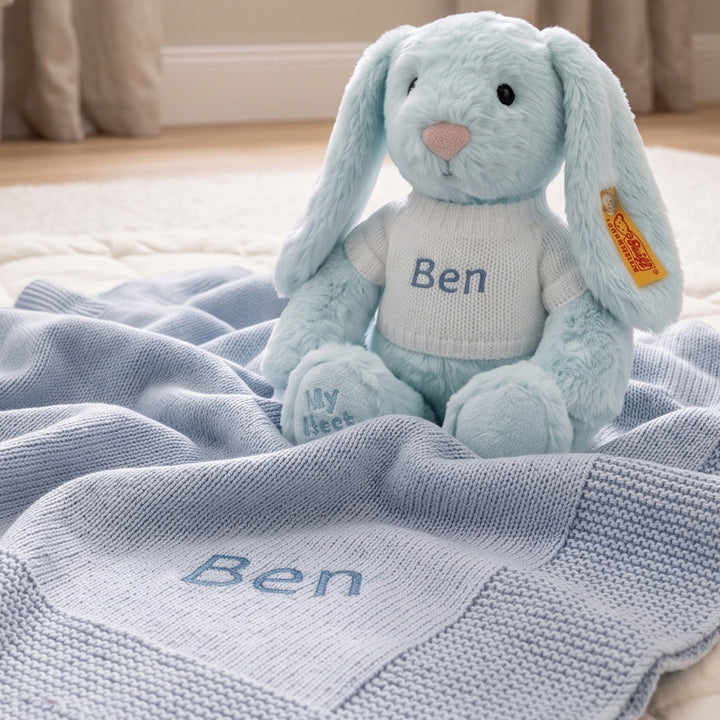 Personalised My First Steiff Hoppie Rabbit and Knitted Blanket Gift Set, Blue