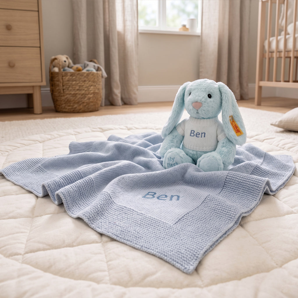 Personalised My First Steiff Hoppie Rabbit and Knitted Blanket Gift Set, Blue