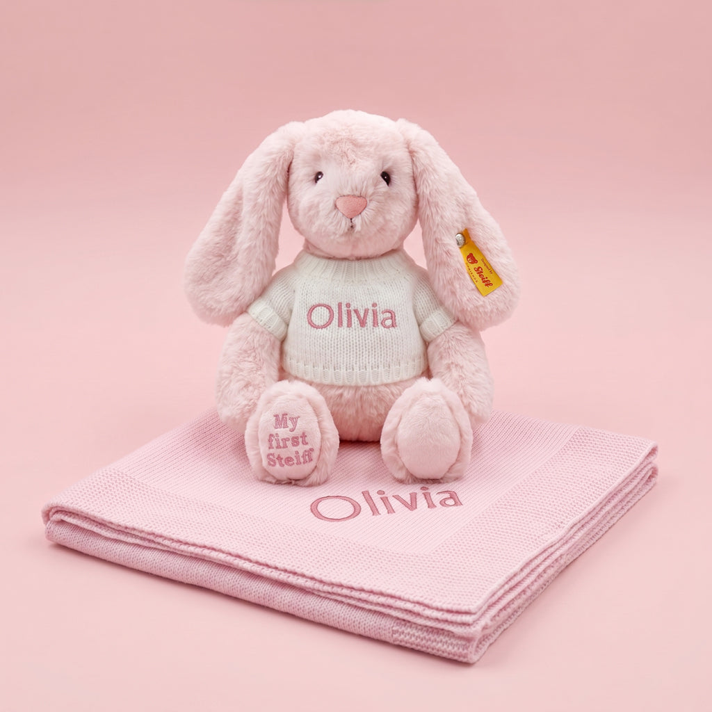 Personalised My First Steiff Hoppie Rabbit and Knitted Blanket Gift Set