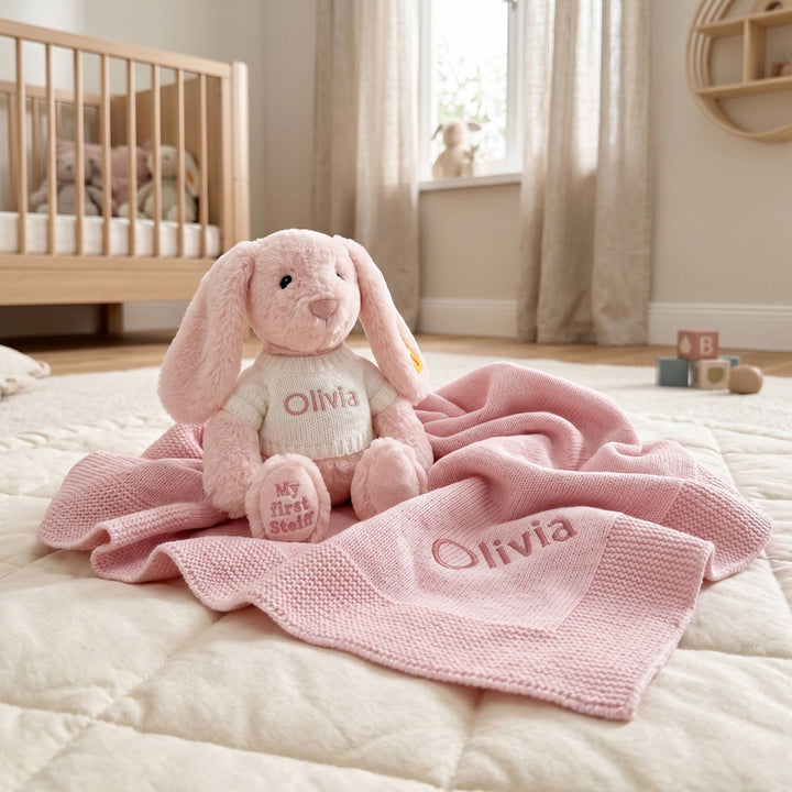 Personalised My First Steiff Hoppie Rabbit and Knitted Blanket Gift Set