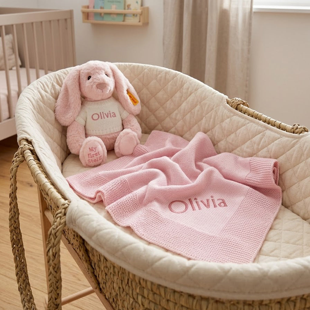 Personalised My First Steiff Hoppie Rabbit and Knitted Blanket Gift Set