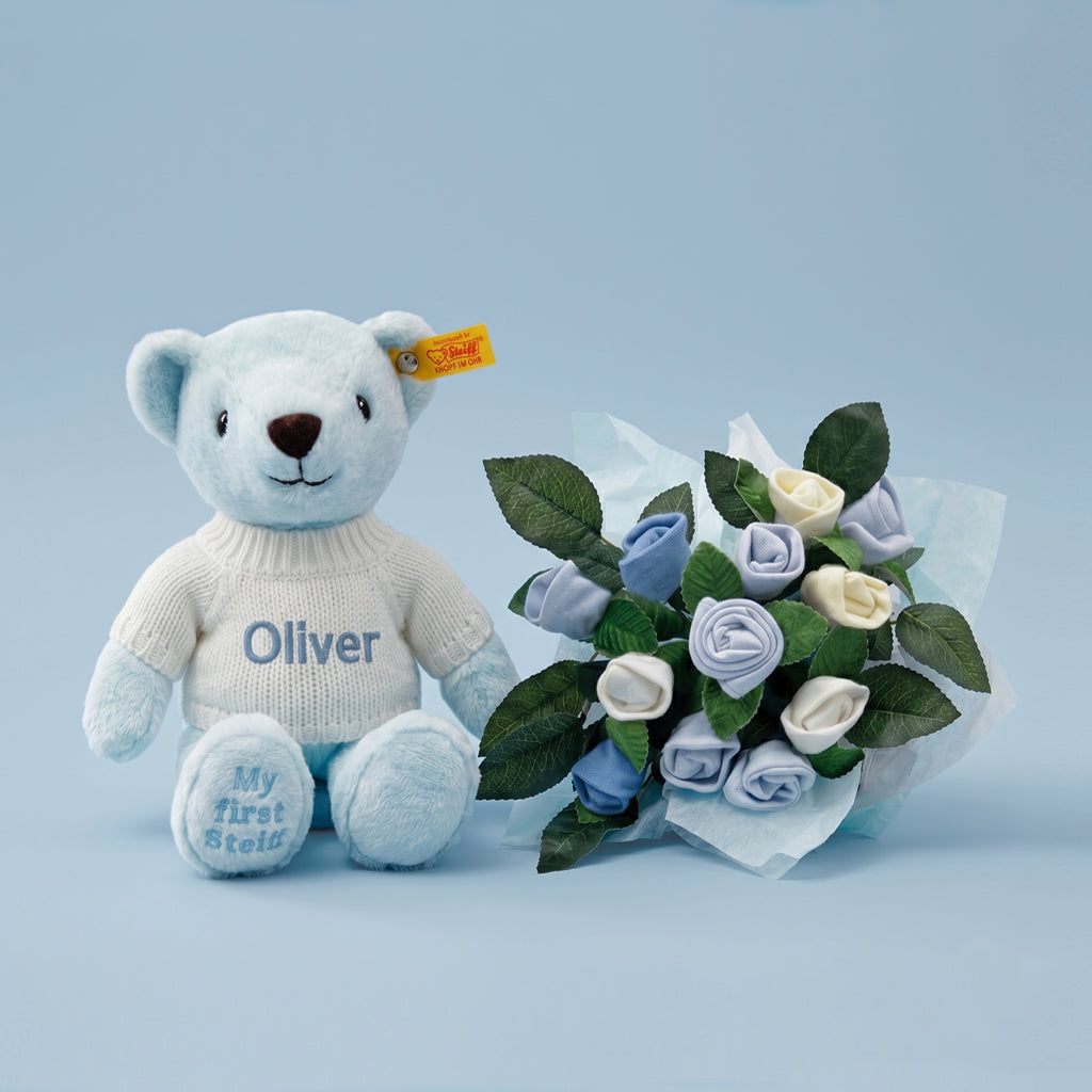 Personalised My First Steiff Teddy Bear with Welcome Baby Clothes Posy, Blue