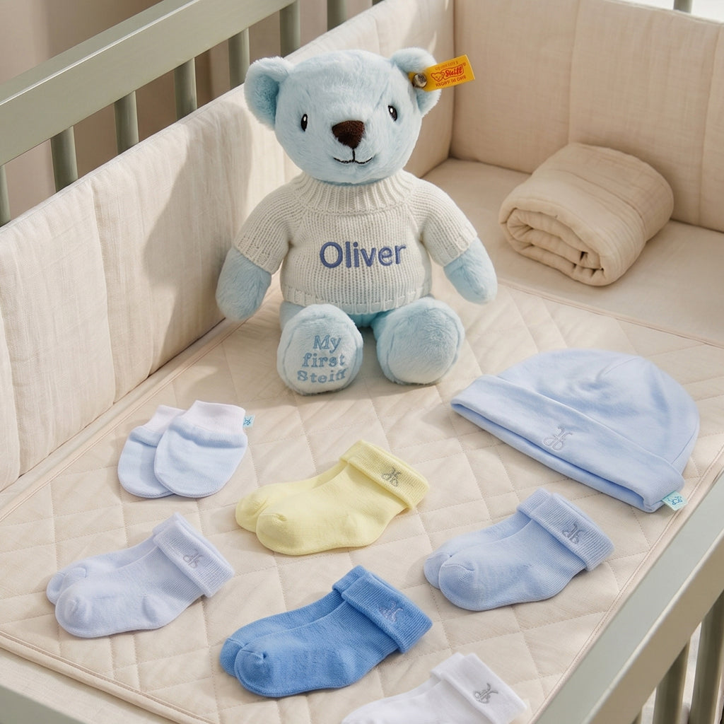 Personalised My First Steiff Teddy Bear with Welcome Baby Clothes Posy, Blue