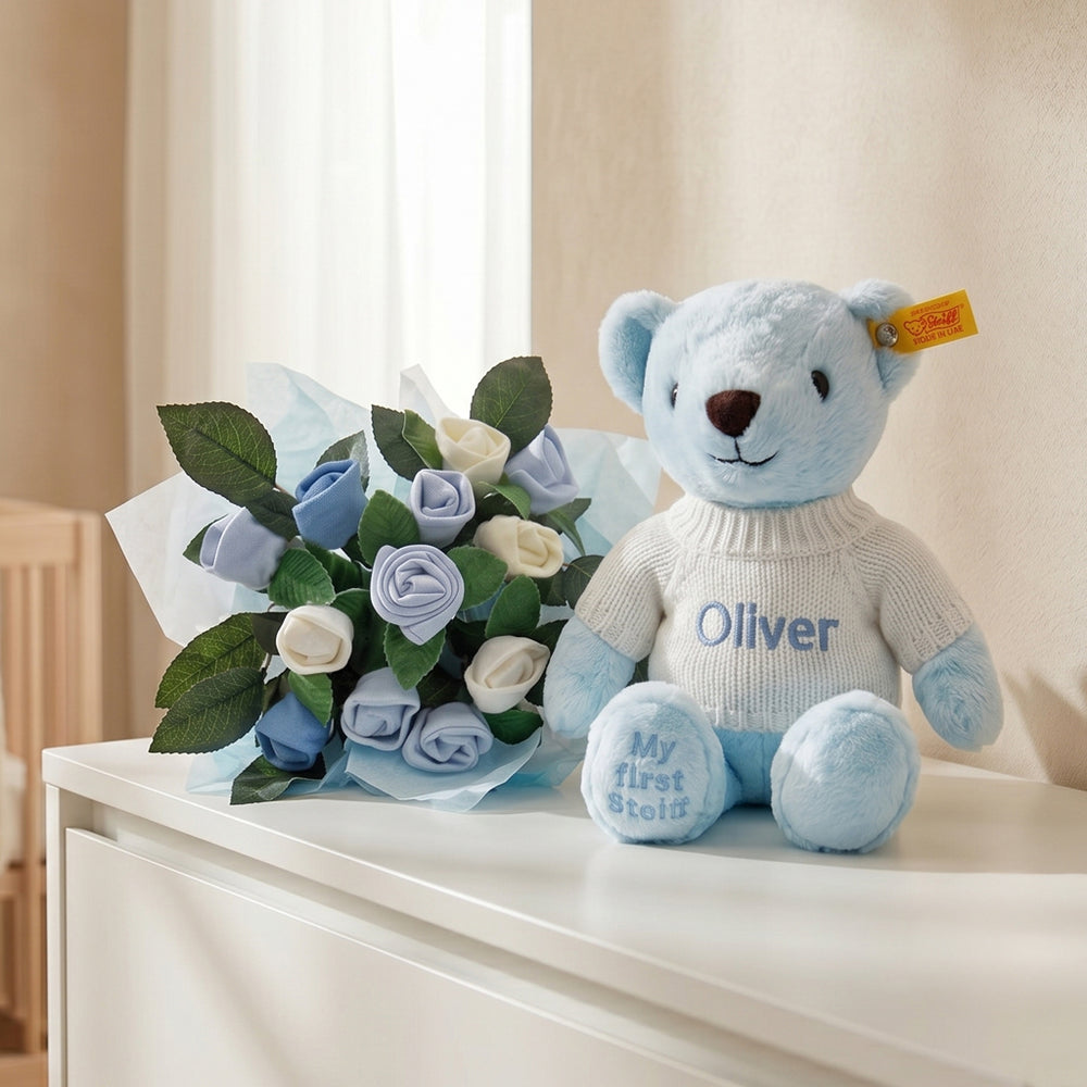 Personalised My First Steiff Teddy Bear with Welcome Baby Clothes Posy, Blue