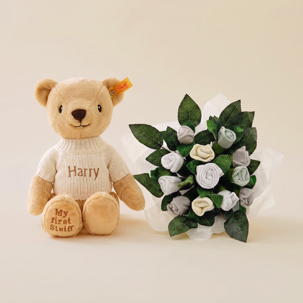 Personalised My First Steiff Teddy Bear, Beige with Welcome Baby Clothes Posy