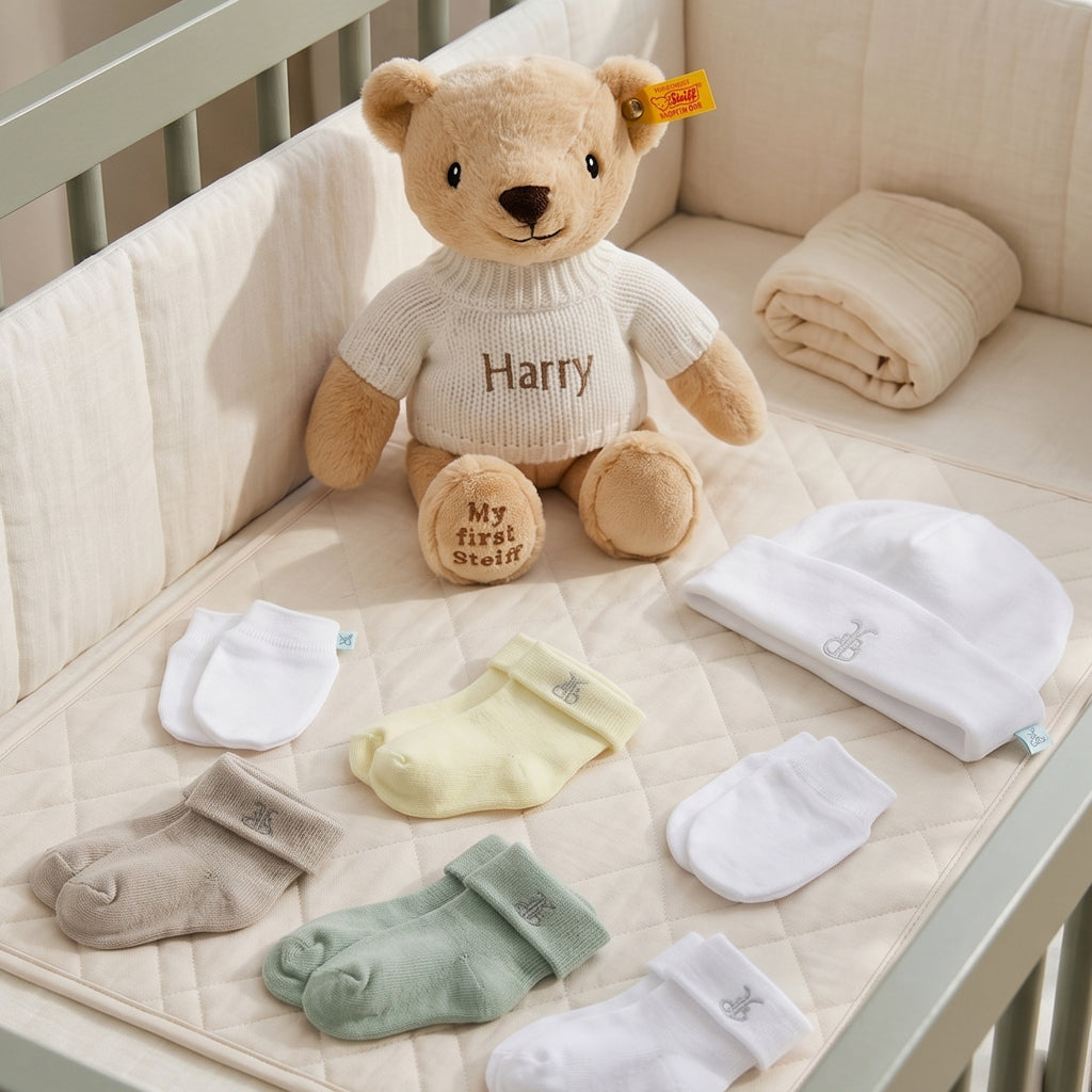 Personalised My First Steiff Teddy Bear, Beige with Welcome Baby Clothes Posy