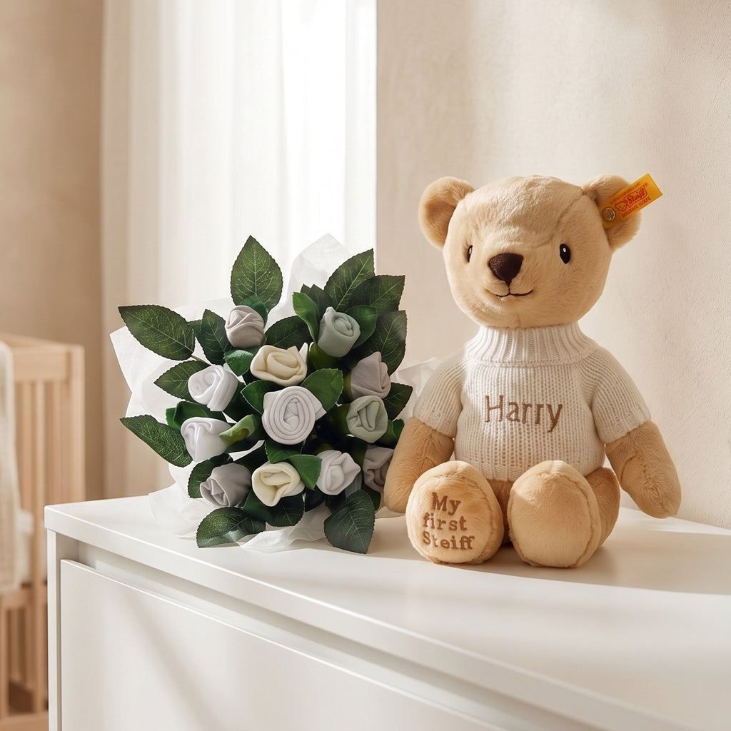 Personalised My First Steiff Teddy Bear, Beige with Welcome Baby Clothes Posy