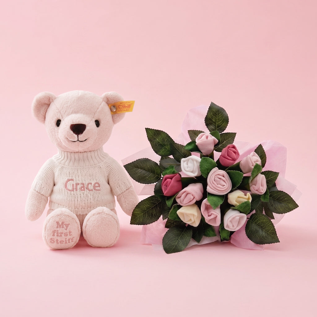 Personalised My First Steiff, Pink with Welcome Baby Clothes Posy