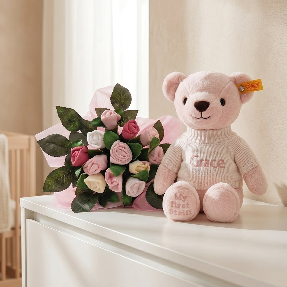 Personalised My First Steiff, Pink with Welcome Baby Clothes Posy