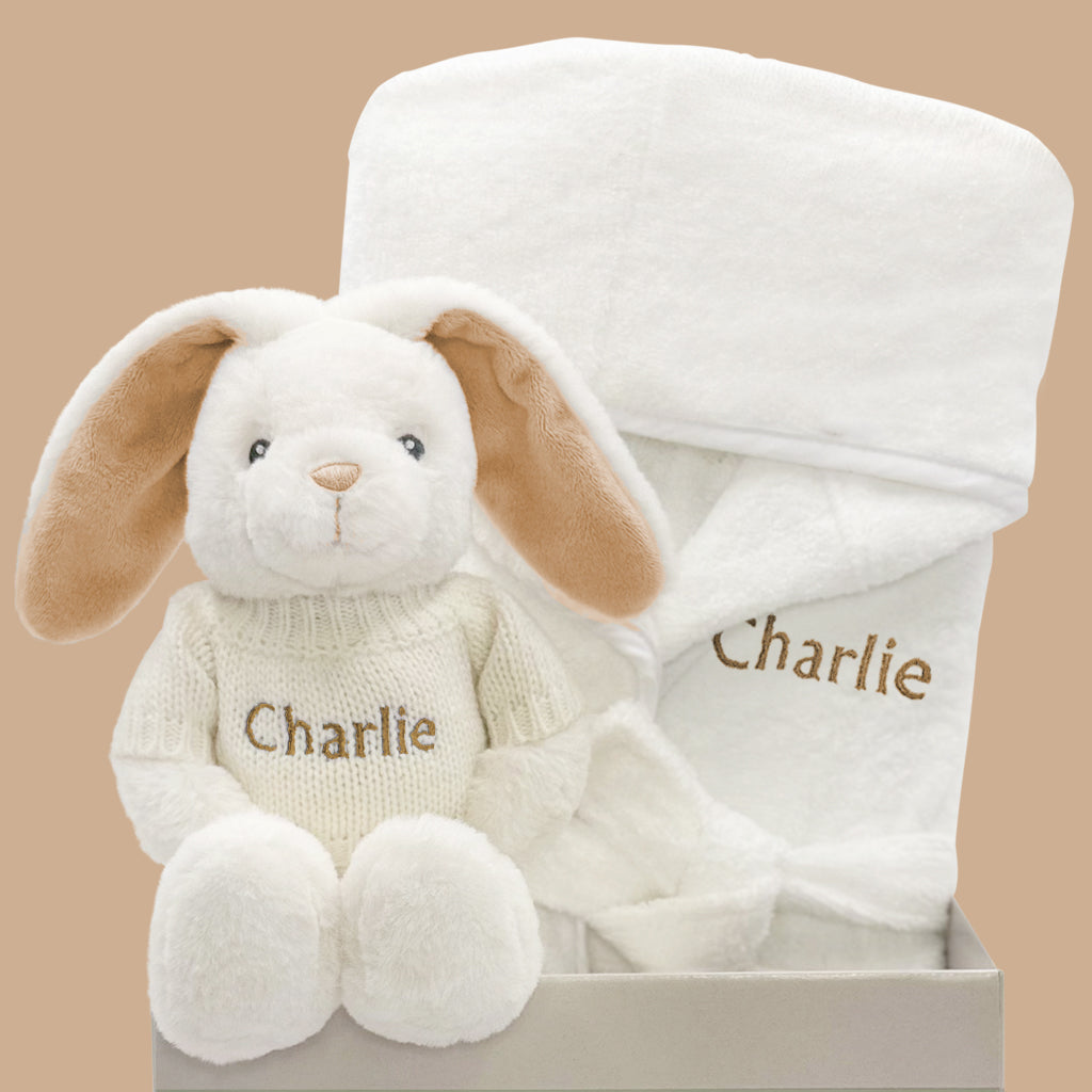 Personalised Little Bunny and Bathrobe Hamper, Beige