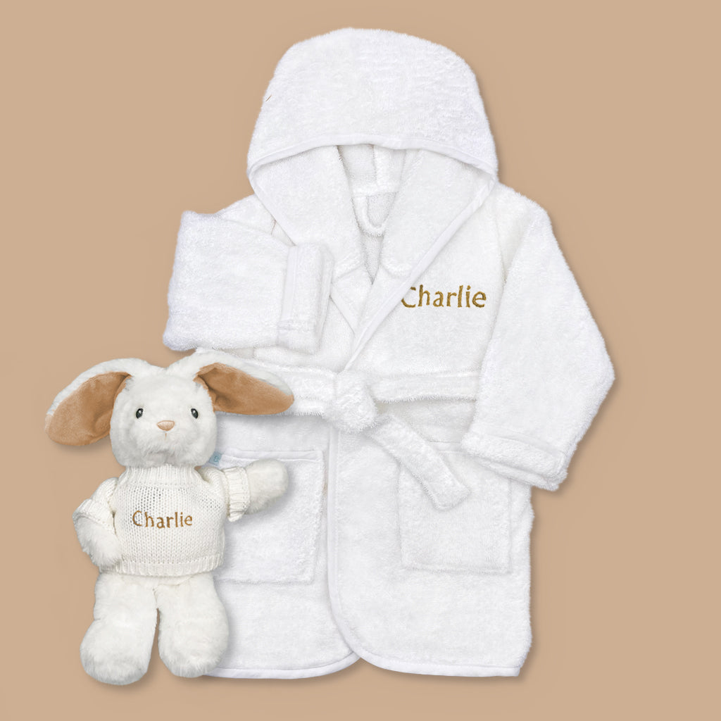 Personalised Little Bunny and Bathrobe Hamper, Beige
