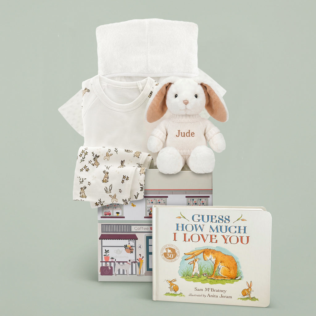 Personalised Bunny Bath and Bedtime Hamper with Guess How Much I Love You Board Book Baby Gift 
