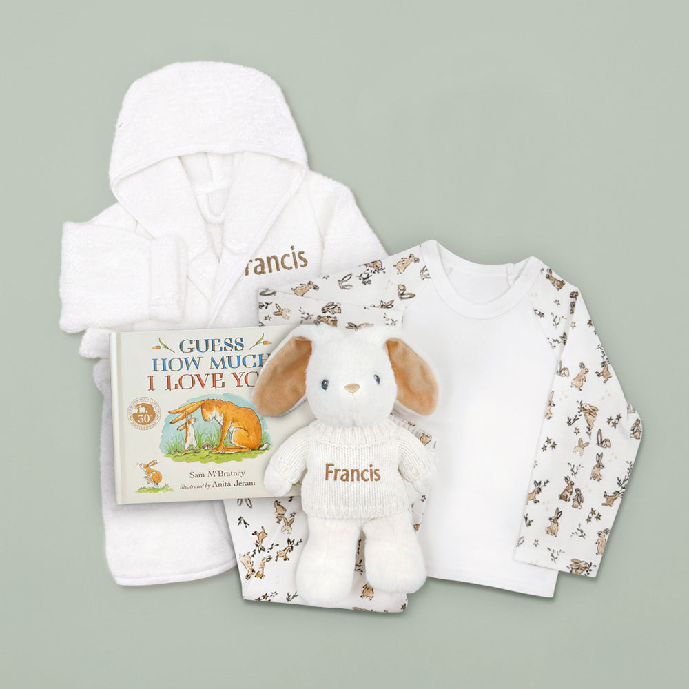 Personalised Bunny Bath and Bedtime Hamper with Guess How Much I Love You Board Book Baby Gift 