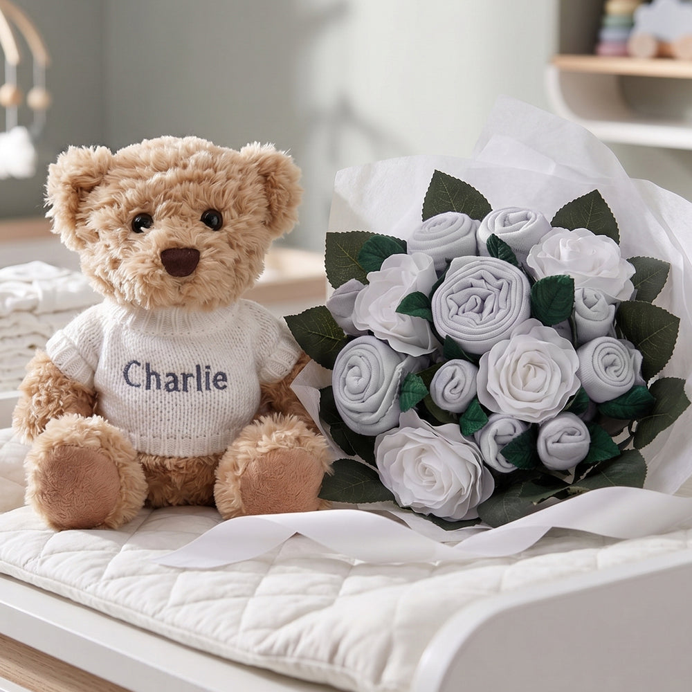 Personalised Bertie Bear with White Luxury Rose Baby Clothes Bouquet