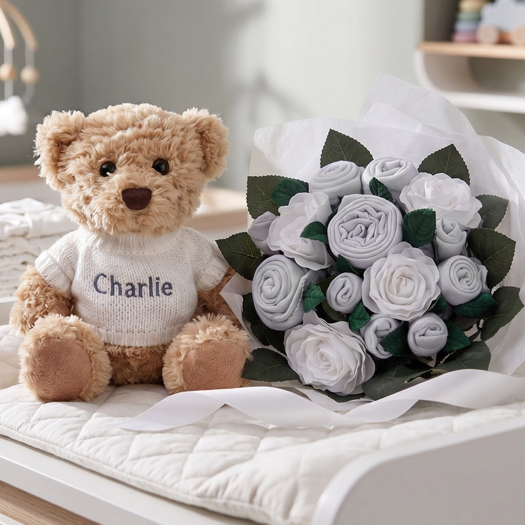 Personalised Bertie Bear with White Luxury Rose Baby Clothes Bouquet