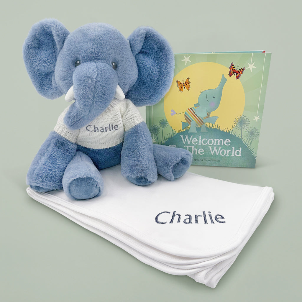 Baby Gift Personalised Elephant Soft Toy With Blanket And Book