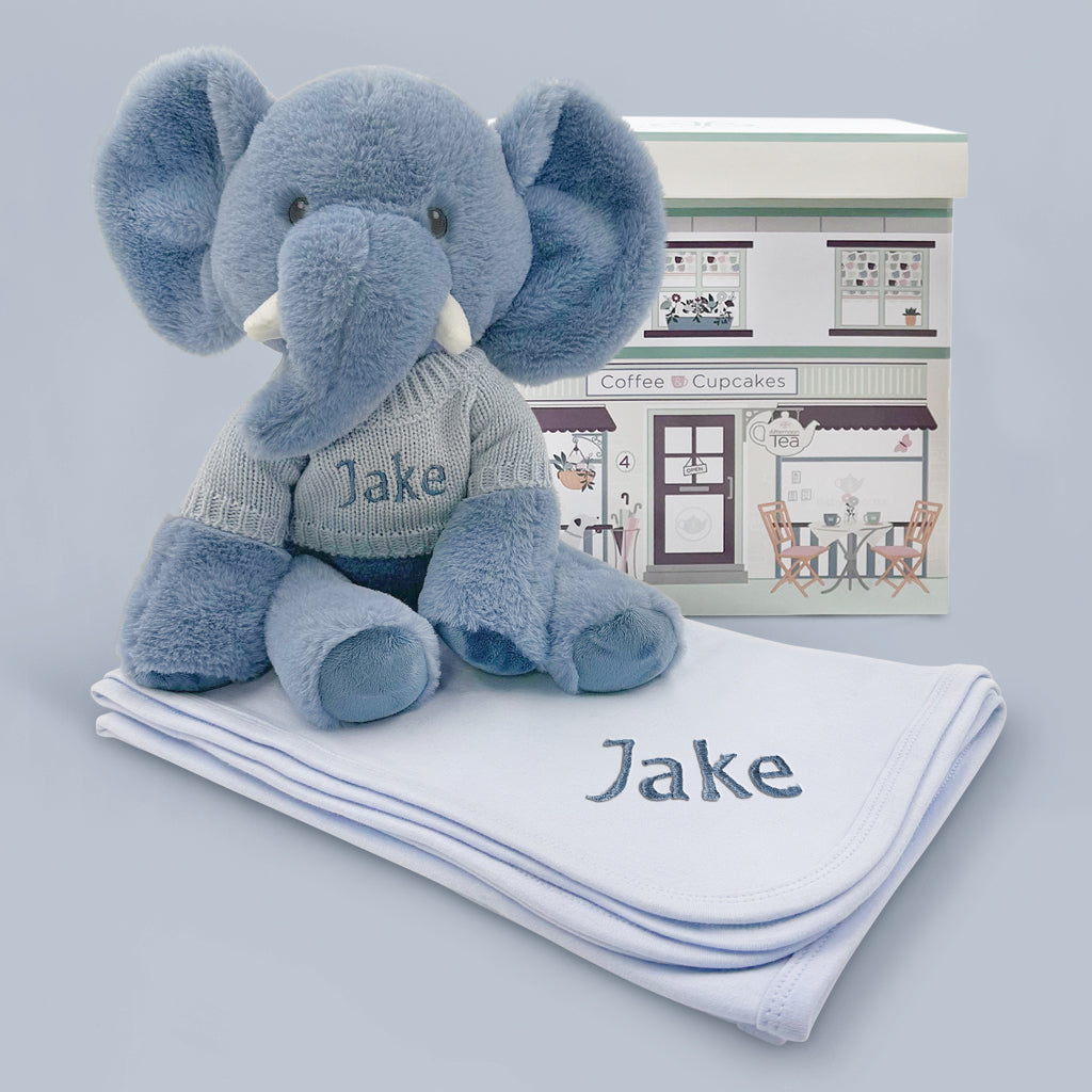 Personalised Esme Elephant Soft Toy With Snuggle Wrap, Blue