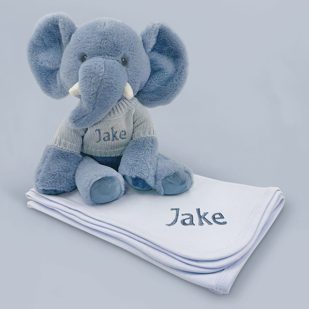 Personalised Esme Elephant Soft Toy With Snuggle Wrap, Blue