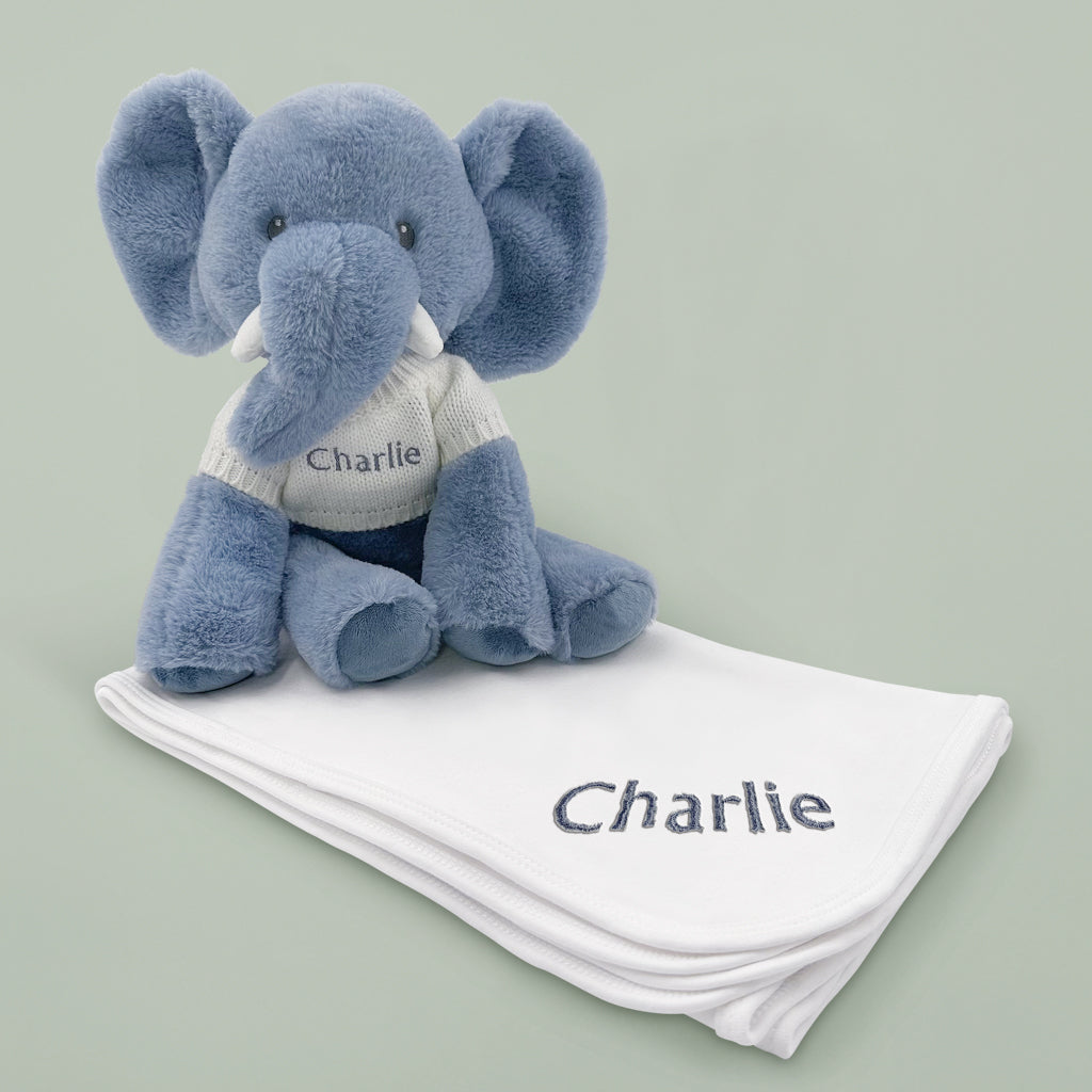 Personalised Esme Elephant Soft Toy With Snuggle Wrap, White