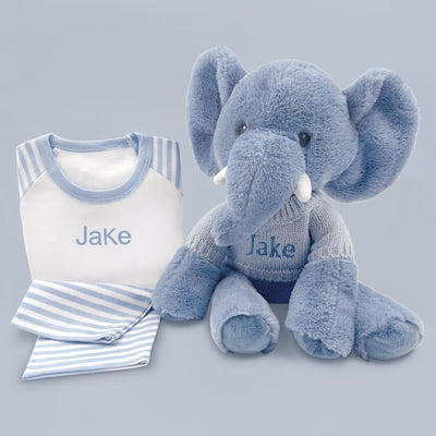Baby Boy Gift Personalised Elephant Soft Toy With  Pyjamas Blue