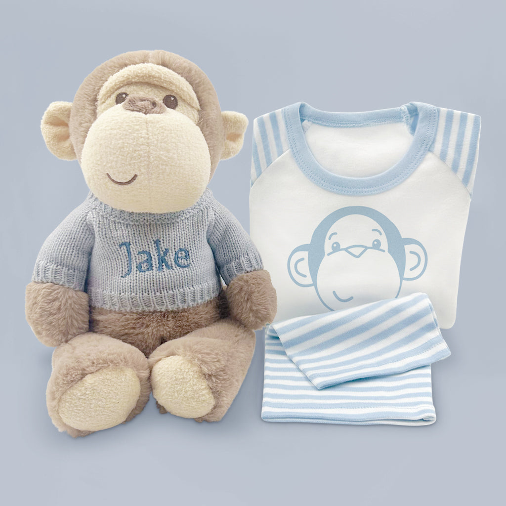 Personalised Morris Monkey Soft Toy With Baby Pyjamas, Blue