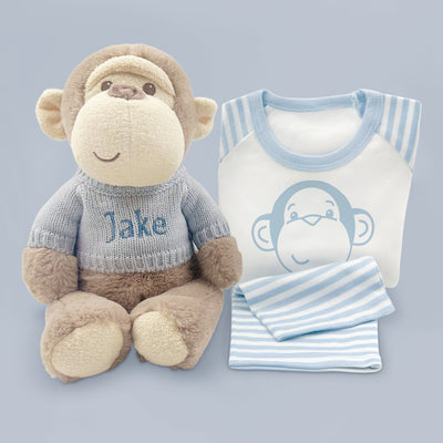 Personalised Morris Monkey Soft Toy With Baby Pyjamas, Blue