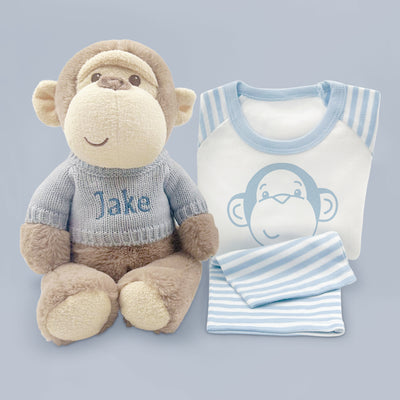 First Birthday Gift Personalised Monkey Soft Toy With Baby Pyjamas Blue
